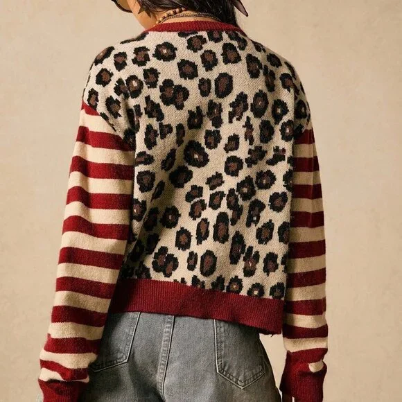 leopard & striped Casual Women's knit sweater cardigan - Picture 2 of 7